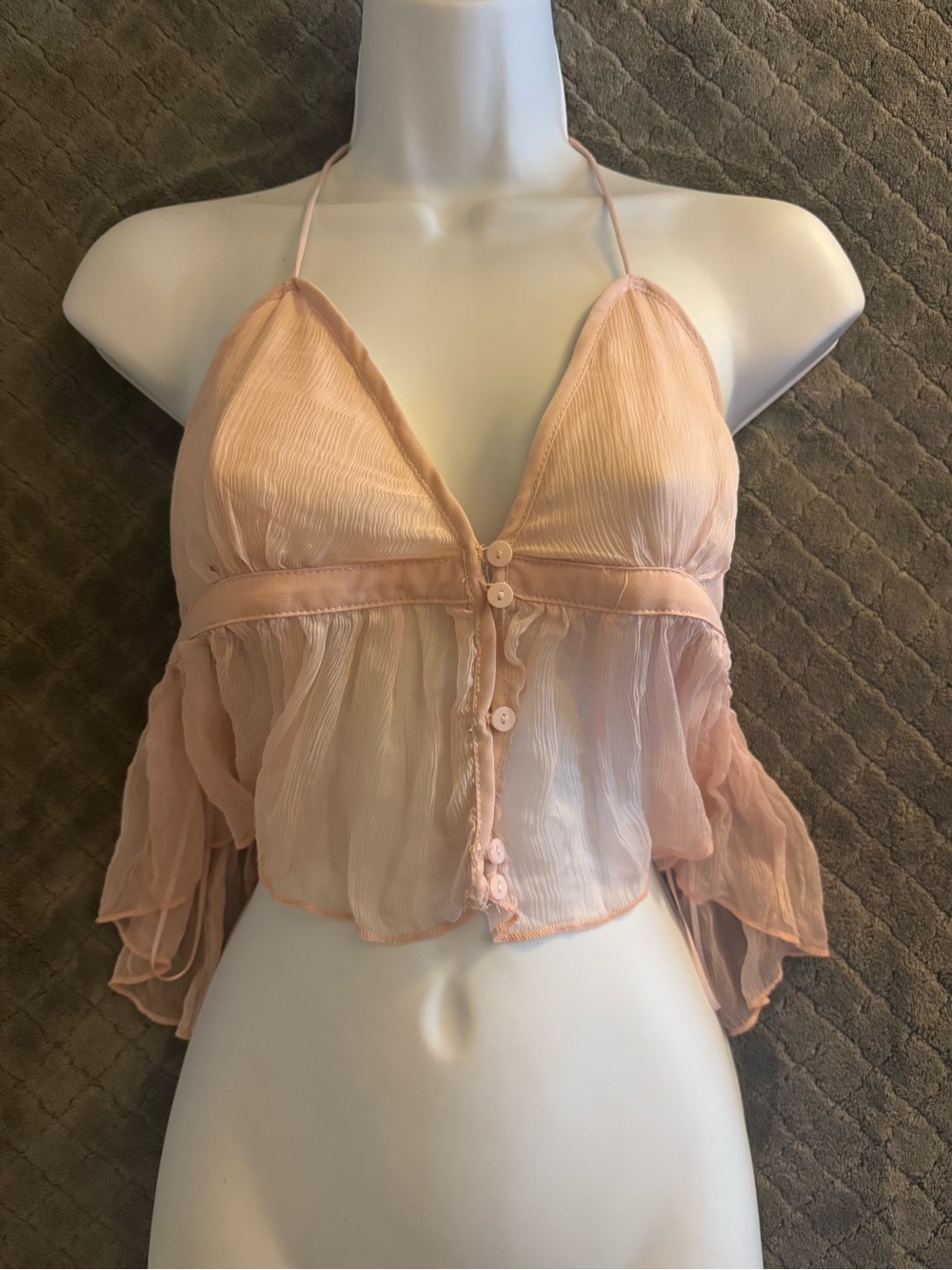 Light Pink Sheer Ruffle Halter Crop Top